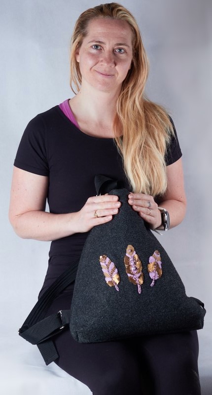vesna and finished backpack with Feathers Online Embroidery Course Review